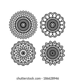 Abstract flowers, stencil floral element, hand drawn design element, set of 4, isolated on white, vector