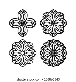 Abstract flowers, stencil floral element, hand drawn design element, set of 4, isolated on white, vector
