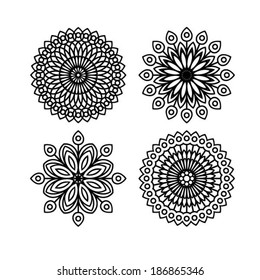 Abstract flowers, stencil floral element, hand drawn design element, set of 4, isolated on white, vector