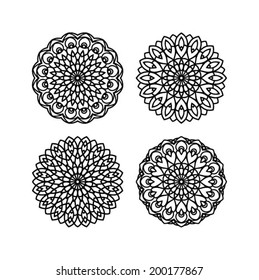 Abstract flowers, stencil floral element, hand drawn design element, set of 4, isolated on white, vector