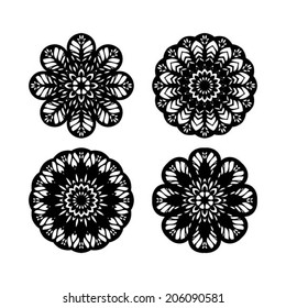 Abstract flowers, stencil floral element, hand drawn design element, set of 4, isolated on white, vector