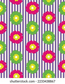 Abstract Flowers Stripes Seamless Soft Vector Pattern Hand Drawn Sweet Florals Minimalist Stylish Trendy Colored Fashion Pattern Perfect for Allover Fabric Print or Wrapping Paper Fuchsia Green