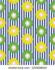 Abstract Flowers Stripes Seamless Soft Vector Pattern Hand Drawn Sweet Florals Minimalist Stylish Trendy Colored Fashion Pattern Perfect for Allover Fabric Print or Wrapping Paper Blue Green Yellow