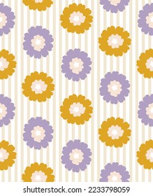 Abstract Flowers Stripes Seamless Soft Vector Pattern Hand Drawn Sweet Florals Minimalist Stylish Trendy Colored Fashion Pattern Perfect for Allover Fabric Print or Wrapping Paper Lilac Mustard Yellow