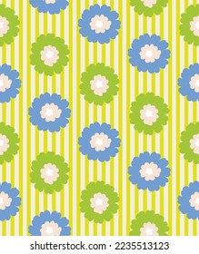 Abstract Flowers Stripes Seamless Soft Vector Pattern Hand Drawn Sweet Florals Minimalist Stylish Trendy Colored Fashion Pattern Perfect for Allover Fabric Print or Wrapping Paper Green Blue