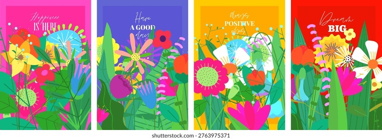 Abstract flowers summer pattern. Contemporary floral illustration with abstract wildflowers. Garden market landscape background with geometric elements. Seasonal poster and happy collection cover set.