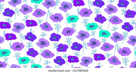 Abstract Flowers. Summer seamless pattern with hand drawing violet turquoise flowers. Lovely bright flowers for design printing, wrapping, wallpaper, textiles. Vector illustration on white background