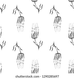 Abstract flowers with thin petals. Seamless pattern. Black on white background