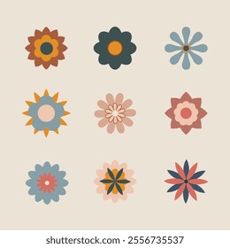 Abstract flowers, top view.  Flat vector illustration on white background, spring flora vector design
