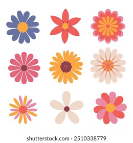 Abstract flowers, top view. Spring flora. Flat vector illustration on white background