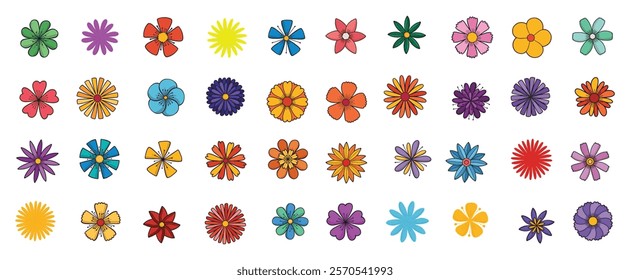 Abstract flowers, top view. Spring flora. Flat vector illustration on white background