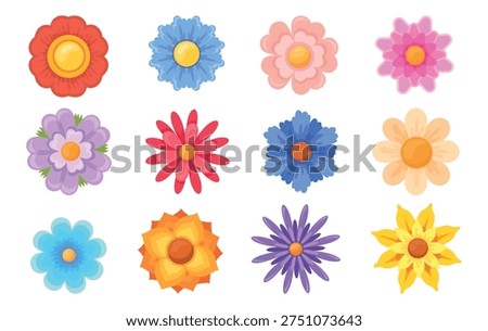 Abstract flowers top view. Spring flower geometric colorful petals floral isolated icon, cute blossom garden wildflowers different buds bouquet decoration, neat vector illustration
