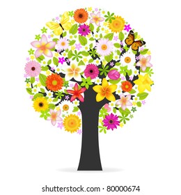 Abstract Flowers Tree, Isolated On White Background, Vector Illustration
