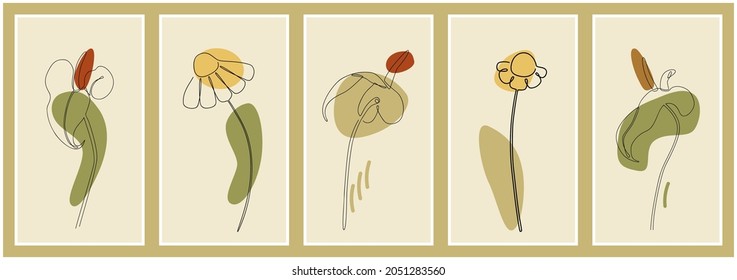 Abstract flowers in trendy line art style with minimalist shapes for wall decoration, art gallery, post card, cover, wallpaper, print, poster or other use. Contemporary art. Vector illustration. Set.