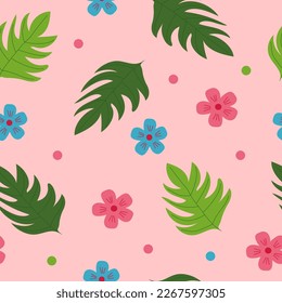 abstract flowers and tropical leaves seamless pattern. illustration in flat style.