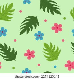 abstract flowers and tropical leaves seamless pattern. illustration in flat style. summer background for wallpaper, textile, wrapping paper
