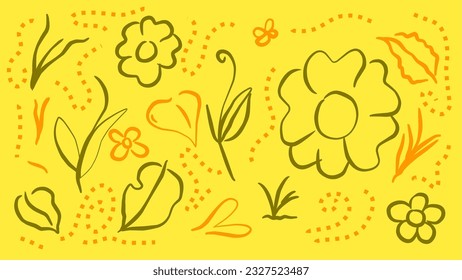 Abstract flowers various simple shapes, hand drawn, on bright yellow color, background and poster