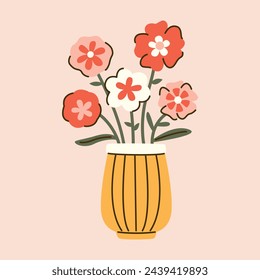 Flores abstractas en un jarrón. Ramo dibujado a mano en estilo plano con detalles de línea. Decoración de mesa. Ilustración de vector