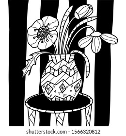 Abstract flowers in vase on the table in the room. Hand drawn doodle vector line illustration. Coloring page, design element.