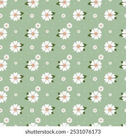 Fundo abstrato do vetor das flores. Flores de prado de tamanho pequeno com folhas. Padrão floral sem emenda. Design decorativo simples plano. Arte popular, estilo vintage.