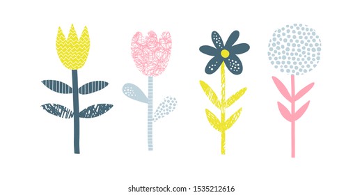 Abstract flowers vector illustrations set  Doodle blooming plants flat simple composition  Decorative Scandinavian scribble  line   dot drawing  Blossoming tulip  chamomile  dandelion  bud