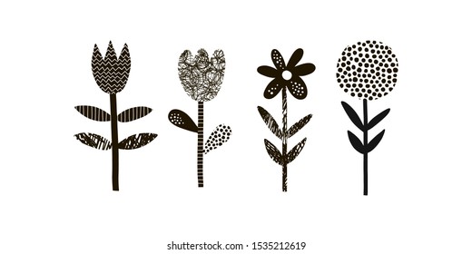 Abstract flowers vector illustrations set. Doodle blooming plants flat simple composition. Decorative Scandinavian scribble, line and dot drawing. Blossoming tulip, chamomile, dandelion, bud