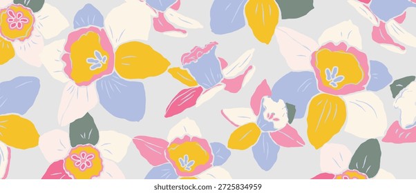 Patrón floral inconsútil del Vector de las flores Abstractas con el fondo gris claro, pétalos rosados azules amarillos, ambiente lúdico del verano. Diseño fresco del fondo del verano de la primavera para el Fondo de pantalla, tela, envoltura, Web.