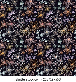 Abstract flowers vector seamless pattern with drawing yellow, gold, silver, purple. Floral watercolor background and line art hand drawn illustration. Exotic flowering autumn texture print