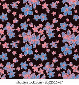 Abstract flowers vector seamless pattern with drawing pink, blue. Floral watercolor background and line art hand drawn illustration. Exotic flowering autumn texture print