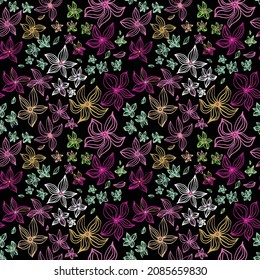 Abstract flowers vector seamless pattern with drawing yellow, gold, green, purple. Floral watercolor background and line art hand drawn illustration. Exotic flowering autumn texture print