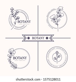 Abstract Flowers Vector Signs or Logo Templates Set. Retro Floral Illustration with Classy Typography. Feminine Logo. Modern Logo Template for florist, photographer, fashion blogger, design studio.