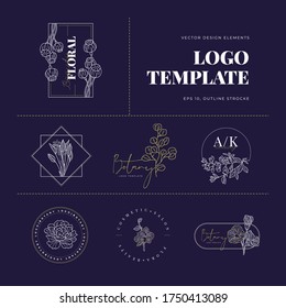 Señales de vectores de flores abstractas o plantillas de logotipos. Ilustración floral retro con tipografía clásica. Logo Femenino. Plantilla moderna de logotipo para florista, fotógrafo, blogger de moda, estudio de diseño.