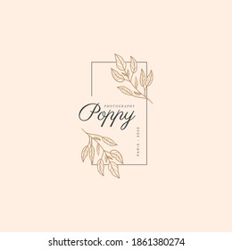 Señales de vectores de flores abstractas o plantillas de logotipos. Ilustración floral retro con tipografía clásica. Logo Femenino. Plantilla moderna de logotipo para florista, fotógrafo, blogger de moda, estudio de diseño.
