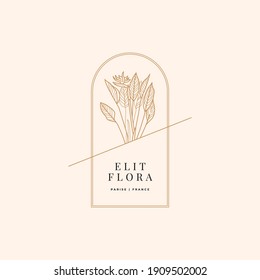 Abstract Flowers Vector Signs or Logo Templates. Retro Floral Illustration with Classy Typography. Feminine Logo. Modern Logo Template for florist, photographer, fashion blogger, design studio.