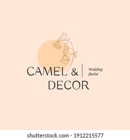 Señales de vectores de flores abstractas o plantillas de logotipos. Ilustración floral retro con tipografía clásica. Logo Femenino. Plantilla moderna de logotipo para florista, fotógrafo, blogger de moda, estudio de diseño.