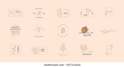 Abstract Flowers Vector Signs or Logo Templates. Retro Floral Illustration with Classy Typography. Feminine Logo. Modern Logo Template for florist, photographer, fashion blogger, design studio.