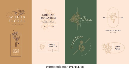 Señales de vectores de flores abstractas o plantillas de logotipos. Ilustración floral retro con tipografía clásica. Logo Femenino. Plantilla moderna de logotipo para florista, fotógrafo, blogger de moda, estudio de diseño.