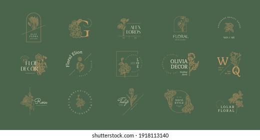 Señales de vectores de flores abstractas o plantillas de logotipos. Ilustración floral retro con tipografía clásica. Logo Femenino. Plantilla moderna de logotipo para florista, fotógrafo, blogger de moda, estudio de diseño.