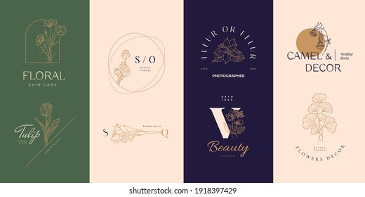 Abstract Flowers Vector Signs or Logo Templates. Retro Floral Illustration with Classy Typography. Feminine Logo. Modern Logo Template for florist, photographer, fashion blogger, design studio.