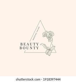 Abstrakte Blumen Vektorzeichen oder Logo-Vorlagen. Retro Floral Illustration mit klassischer Typografie. Frauenlogo. Moderne Logo Vorlage für Florist, Fotograf, Modeblogger, Designstudio.