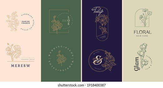 Abstract Flowers Vector Signs or Logo Templates. Retro Floral Illustration with Classy Typography. Feminine Logo. Modern Logo Template for florist, photographer, fashion blogger, design studio.