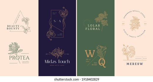 Señales de vectores de flores abstractas o plantillas de logotipos. Ilustración floral retro con tipografía clásica. Logo Femenino. Plantilla moderna de logotipo para florista, fotógrafo, blogger de moda, estudio de diseño.