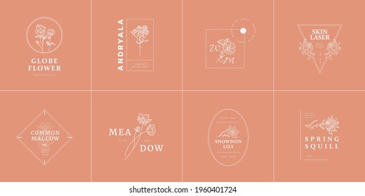 Abstract Flowers Vector Signs or Logo Templates. Retro Floral Illustration with Classy Typography. Feminine Logo. Modern Logo Template for florist, photographer, fashion blogger, design studio.