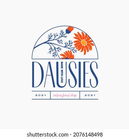 Abstract Flowers Vector Signs or Logo Templates. Retro Floral Illustration with Classy Typography. Feminine Logo. Modern Logo Template for florist, photographer, fashion blogger, design studio.