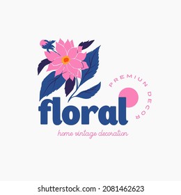 Abstract Flowers Vector Signs or Logo Templates. Retro Floral Illustration with Classy Typography. Feminine Logo. Modern Logo Template for florist, photographer, fashion blogger, design studio.