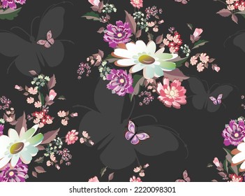 Abstract flowers - white chamomiles, other pink, purple, red flowers (daisies, Cosmos) and butterflies on a black background. Bright retro seamless pattern for textiles, fabrics, wallpaper design.