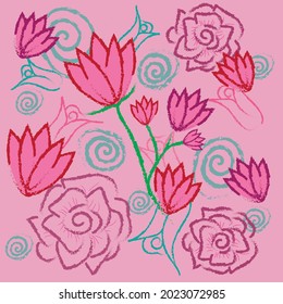 abstract flowers wrapping paper design vector. green pink and blue flowers vector illustration. beautiful flowers with pink background abstract design.