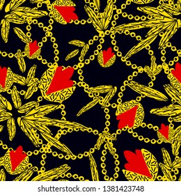 abstract flowers of yellow and red colors with chains circles on a dark blue color