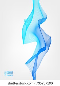 Abstract flowing 3d Particle Waves. Science or Technology Background. Array with Dynamic Emitted Particles. Graphic Design. Motion Vector Illustration.