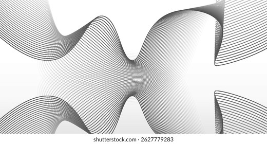 Abstract flowing black lines on a white gradient background, minimalist and stylish design suitable for technology, science, or business themes.